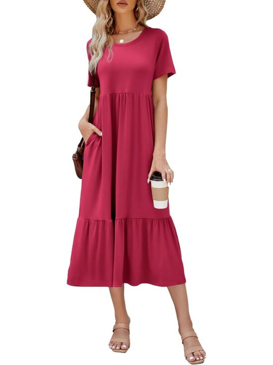 Dresses & Skirts - Women's Rose Stylish Sundress Short Sleeve Tiered Beach with Pockets Maxi Dress